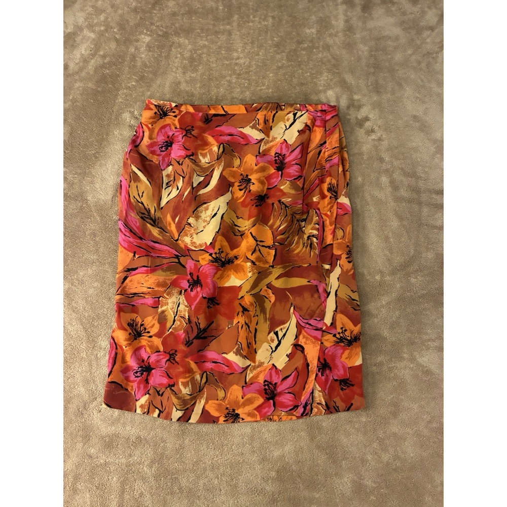 VTG Y2K Savannah 100% Silk Floral Mini Skirt Orange Pink Tropical Wrap Style Med